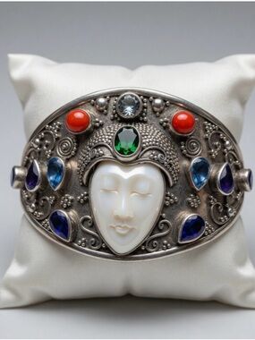 Artisan 925 Multistone Goddess Cuff Bracelet in White and Multicolor